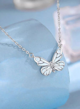 帝丰999纯银蝶光项链女珐琅蝴蝶夜光锁骨链ins风气质蓝色滴胶颈