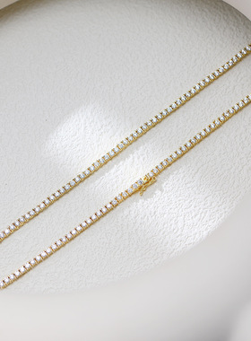 欧美跨境新款2mm锆石网球链s925纯银个性百搭hip hop简约满钻项链