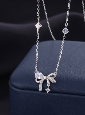 帝丰s999纯银蝴蝶结项链女小众设计感颈链甜美星星百搭闪钻锁骨链