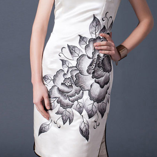 品尚华服真丝名媛白优雅绣花修身女短款礼服旗袍裙刺绣旗袍连衣裙 - 图2