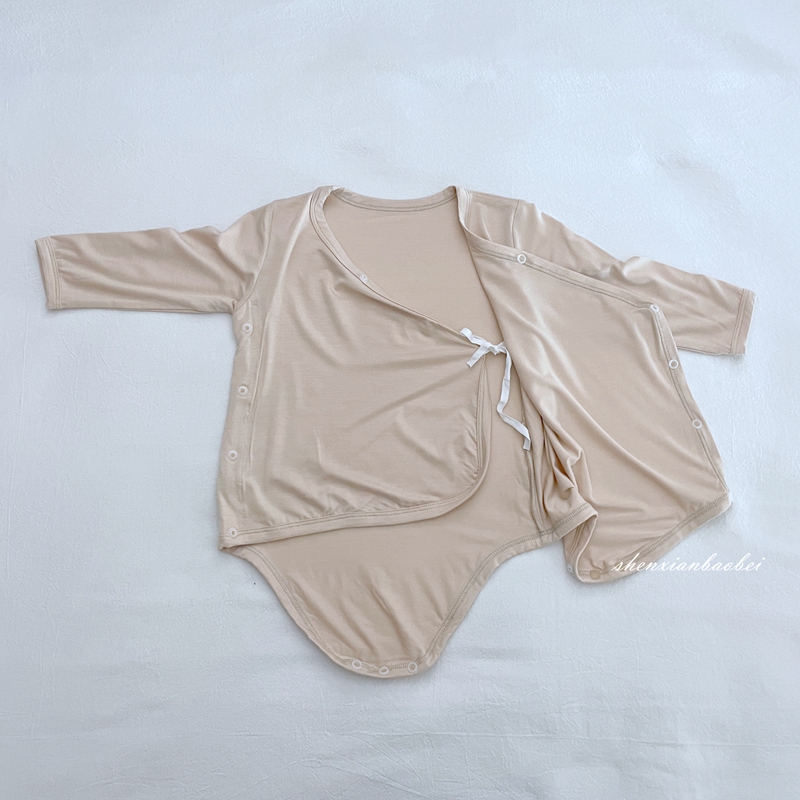 莫代尔婴儿三角哈衣新生儿和尚服宝宝连体睡衣夏季长袖薄款包屁衣 - 图0