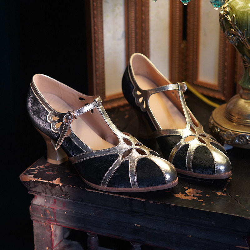 奈里法式复古民国绿拼旗袍高跟鞋镂空酒杯跟一字带玛丽珍丁字单鞋,淘宝优惠券,粉丝福利购,淘宝优惠卷