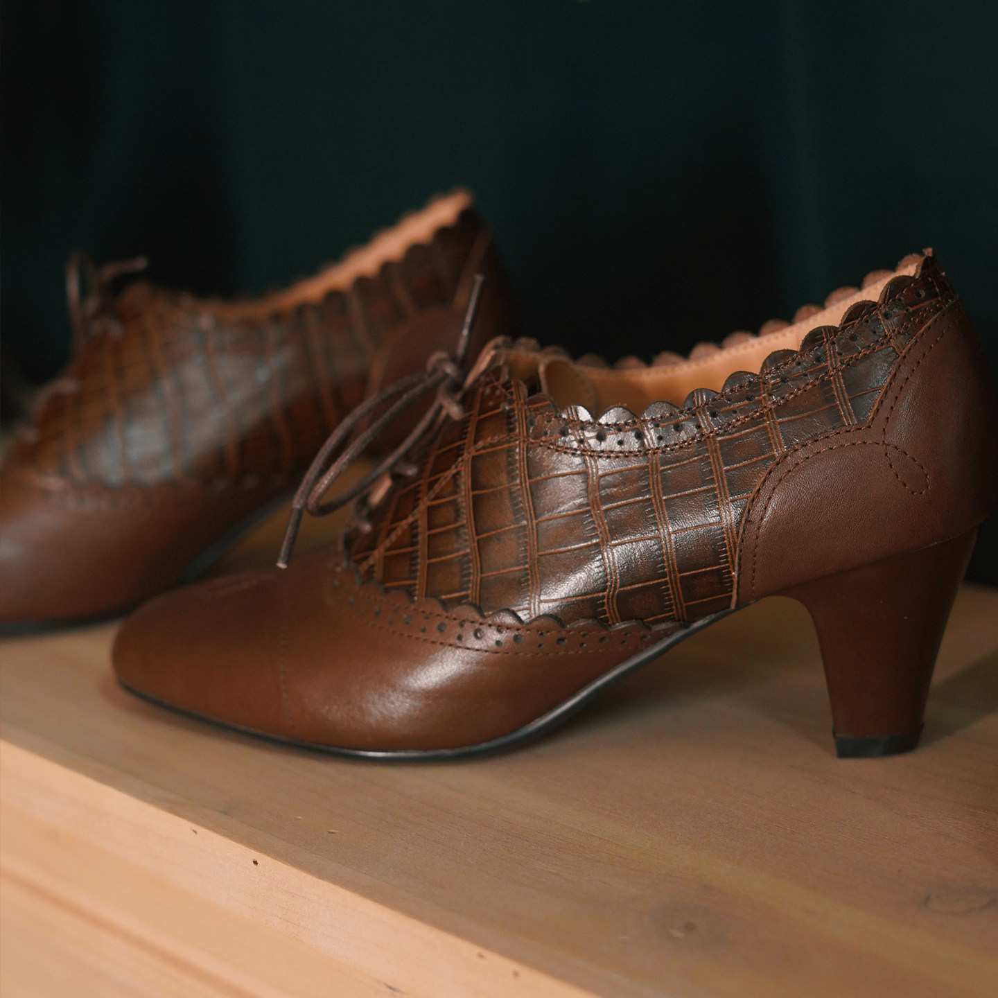 奈里法式复古牛皮棕拼花边深口系带高跟鞋民国气质旗袍皮鞋中古鞋,淘宝优惠券,粉丝福利购,淘宝优惠卷