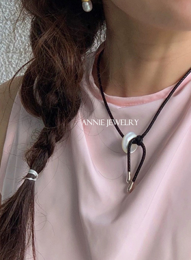 AnnieJewelry天然贝母黑绳项链