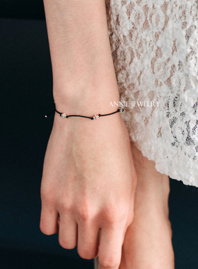 Annie Jewelry 小众INS风 925银珠珠花朵造型黑绳项链 抽拉式手绳