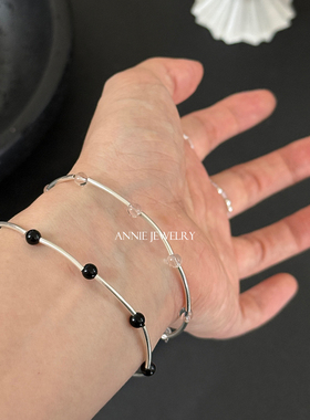 Annie Jewelry清冷感 叠戴造型通体纯银天然黑玛瑙白水晶弯管手串