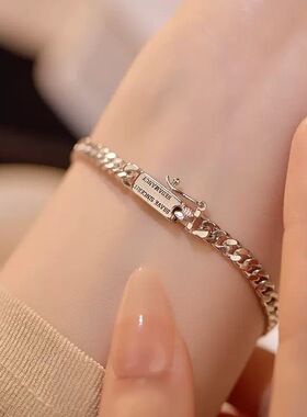 S925纯银情侣款方块英文古巴链手链男女简约520表白礼物闺蜜手环