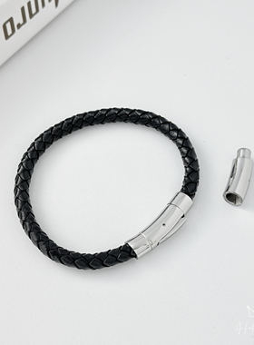 潮流帅气编织皮绳黑色钛钢手链男款个性可拆分手环送男友生日礼物