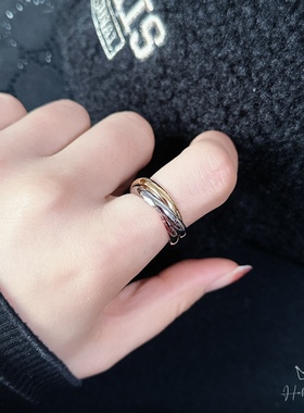 不掉色钛钢三色三环戒指情侣指环