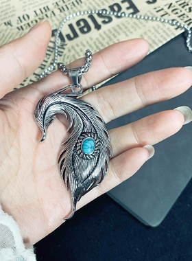 超大羽毛吊坠钛钢项链男潮民族风
