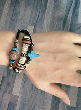 复古串珠十字架叠戴手链男高颜值