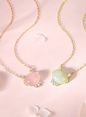 原创桃运萌龙锁骨项链女925纯银国潮新中式粉水晶和田玉耳钉手链