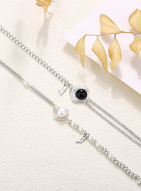 原创白昼黑夜情侣手链女纯银ins风几何黑玛瑙珍珠手串七夕礼物