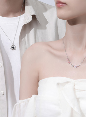 原创樱花树下情侣项链纯银一对夏季森系ins花朵锁骨链灵动黑曜石