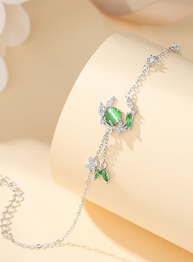 原创s925纯银常青藤手链女ins森系级感猫眼石流苏手环枝叶手饰