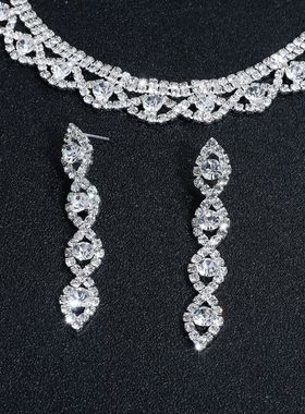 欧美奢华几何镂空超闪水钻项链耳环套装女 气质时尚锁骨链饰品