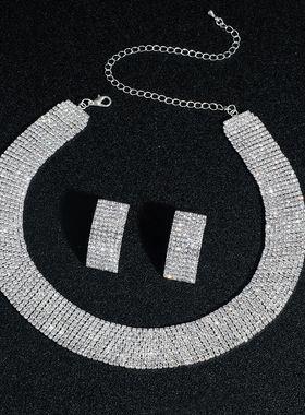 町卡施家华丽多排超闪水钻项链耳环套装女气质颈链锁骨链饰品