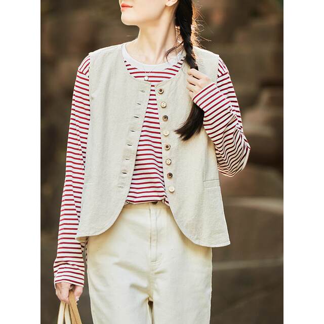 Gujia literary round neck cotton and linen casual vest buttoned stacked sleeveless jacket for women 2026 spring new style