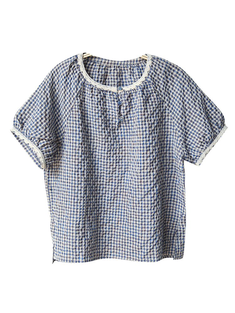 谷家 原创棉麻风格肌理格纹短袖衬衫女 小众文艺休闲宽松T恤上衣 - 图3