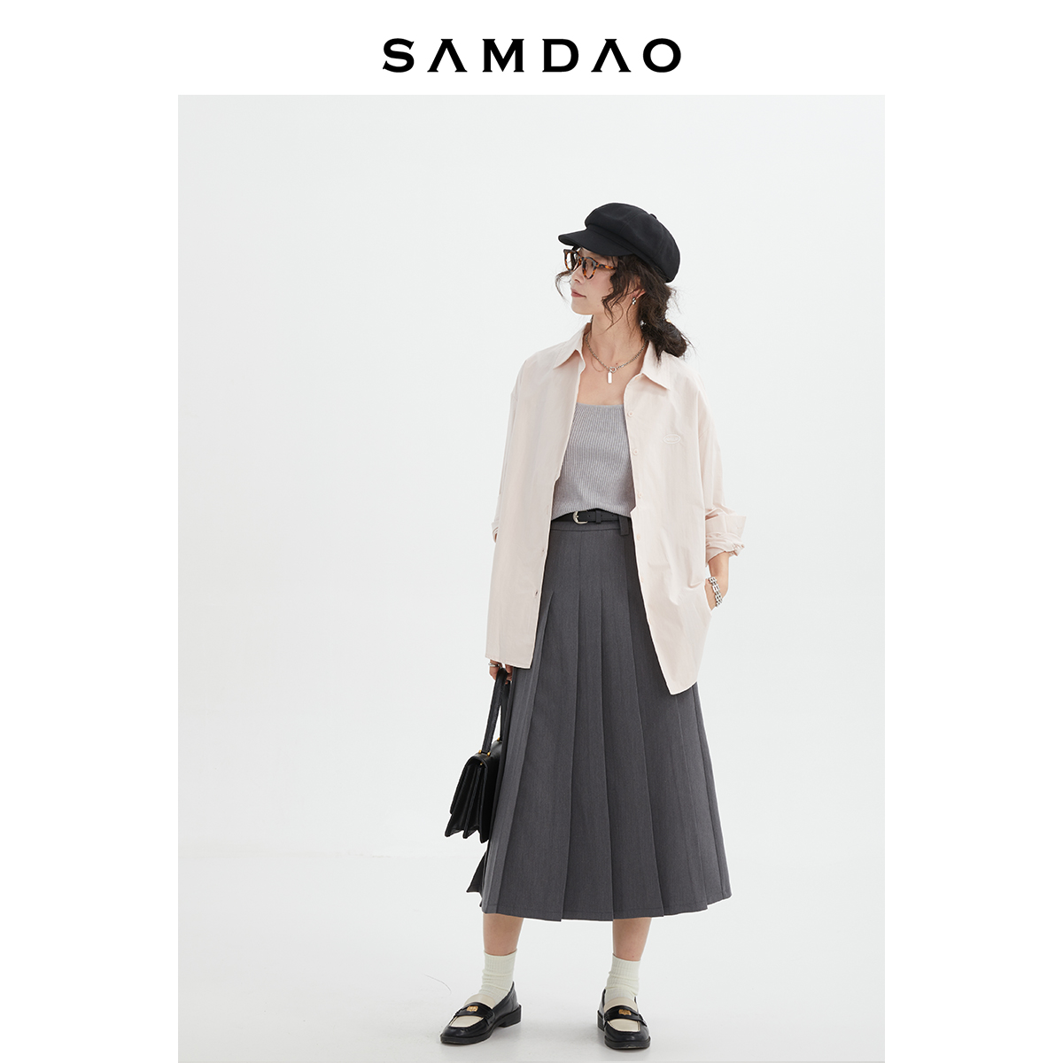 SAMDAO 送皮带经典款中长款百褶裙半裙半身裙百搭高腰显瘦秋裙子