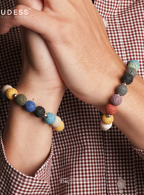 GUDESS原创天然彩色圆珠火山石香薰手链扩香石刻字手串生日礼物