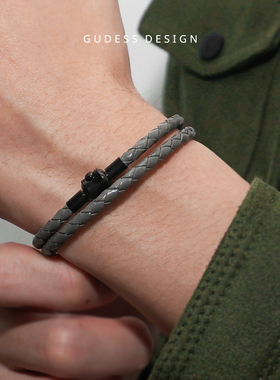 GUDESS双圈编织手链男士真皮卡扣手环钛钢扣头皮质手绳送礼礼品