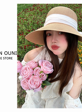 如意同款陆冲滑板穿搭飘逸蝴蝶结女黑色复古优雅遮阳帽草帽子礼帽