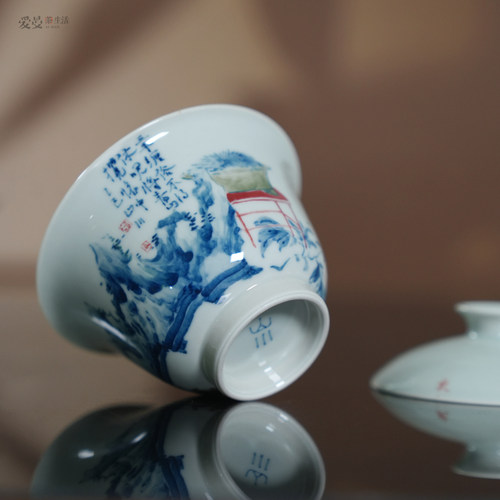爱曼器 /山川绘瓷手绘青花清供图盖碗文人画清雅景德镇 - 图1