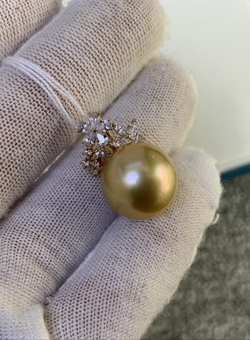 天然色浓金南洋珠吊坠14-15mm正圆极光18k金吊坠海水珍珠礼品