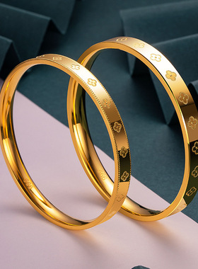 新款沙金饰品幸运四叶草素圈手镯女款时尚清新甜美四叶草闭口手环