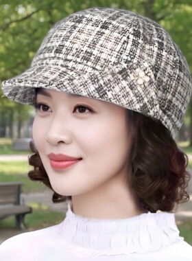 中老年女士短檐格纹帽百搭气质帽