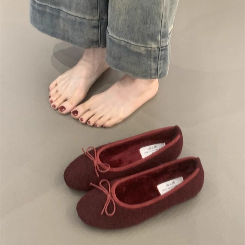 韩版复古温柔仙女风蝴蝶结圆头浅口软底加绒保暖芭蕾毛毛鞋棉鞋,淘宝优惠券,粉丝福利购,淘宝优惠卷