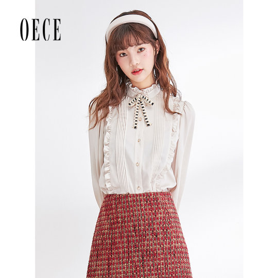 Oece2021 autumn and winter gentle French lace-up chiffon shirt