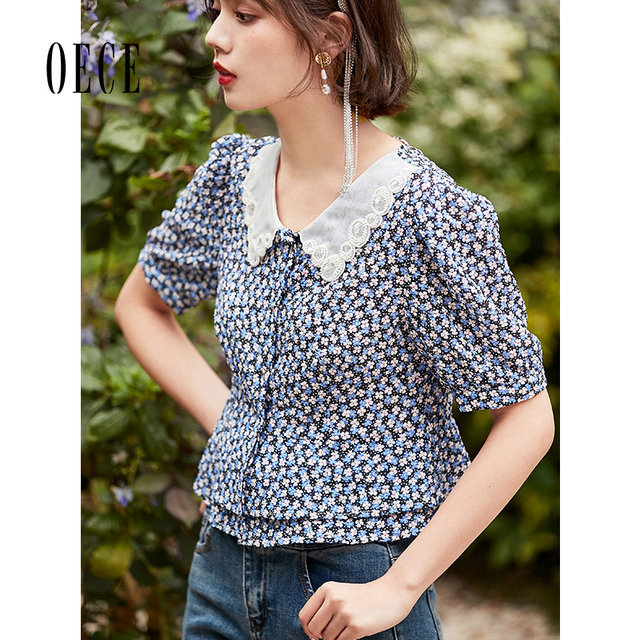 Oece summer new artistic gentle lace collar shirt