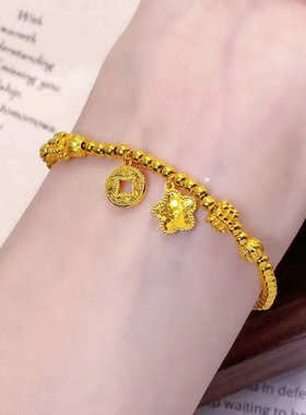 越南沙金五星钱币转运珠手链女久不掉色镀金圆珠串珠手饰女生手链