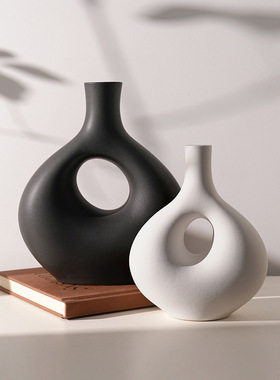 创意景德镇陶瓷圆圈黑色花瓶套装简约家居客厅插花高级感镂空