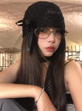 黑色蕾丝蝴蝶结包头帽女夏薄款纯欲风时髦冷帽小众y2k辣妹堆堆帽