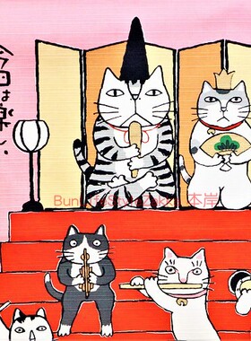 BLS本岸现货日本制冈本肇福猫女儿节装饰帆布画壁画挂轴画风吕敷