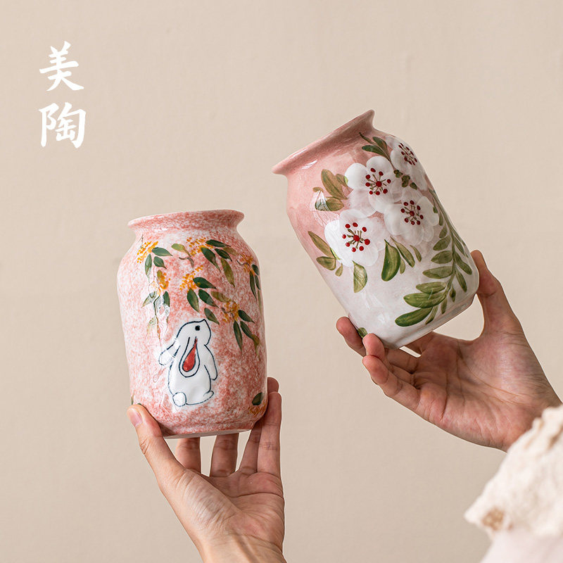 景德镇水培插花器新中式复古收纳可爱摆件小花器手绘兔子陶瓷花瓶,淘宝优惠券,粉丝福利购,淘宝优惠卷