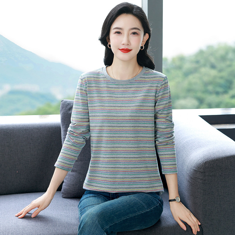 2025早秋装新款大码宽松纯棉长袖T恤女装外穿条纹打底衫上衣洋气,淘宝优惠券,粉丝福利购,淘宝优惠卷