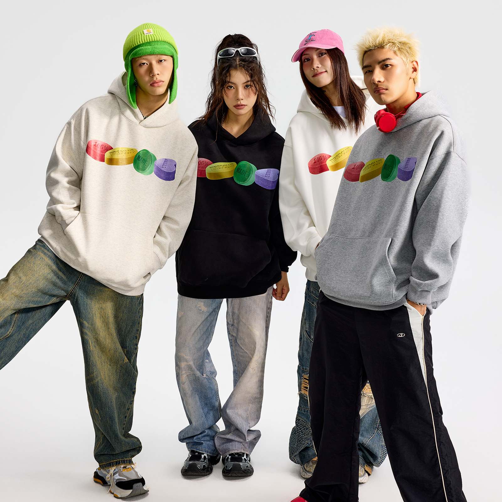 「彩色药丸」TIRED美式连帽卫衣春秋新款情侣学院风套头衫上衣潮 - 图2