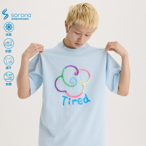 TIRED美式潮流花卉绳绣索罗娜短袖t恤男女正肩上衣街头圆领潮tee - 图0