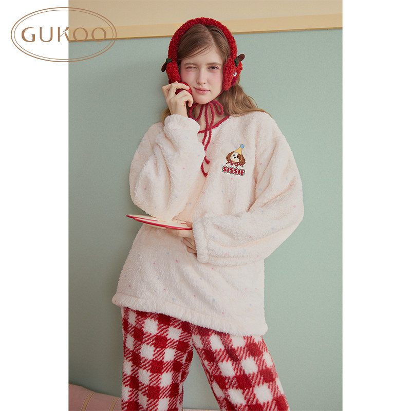 Gukoo/果壳新年睡衣女加厚圣诞冬长毛绒卡通红色女士家居服套装,淘宝优惠券,粉丝福利购,淘宝优惠卷