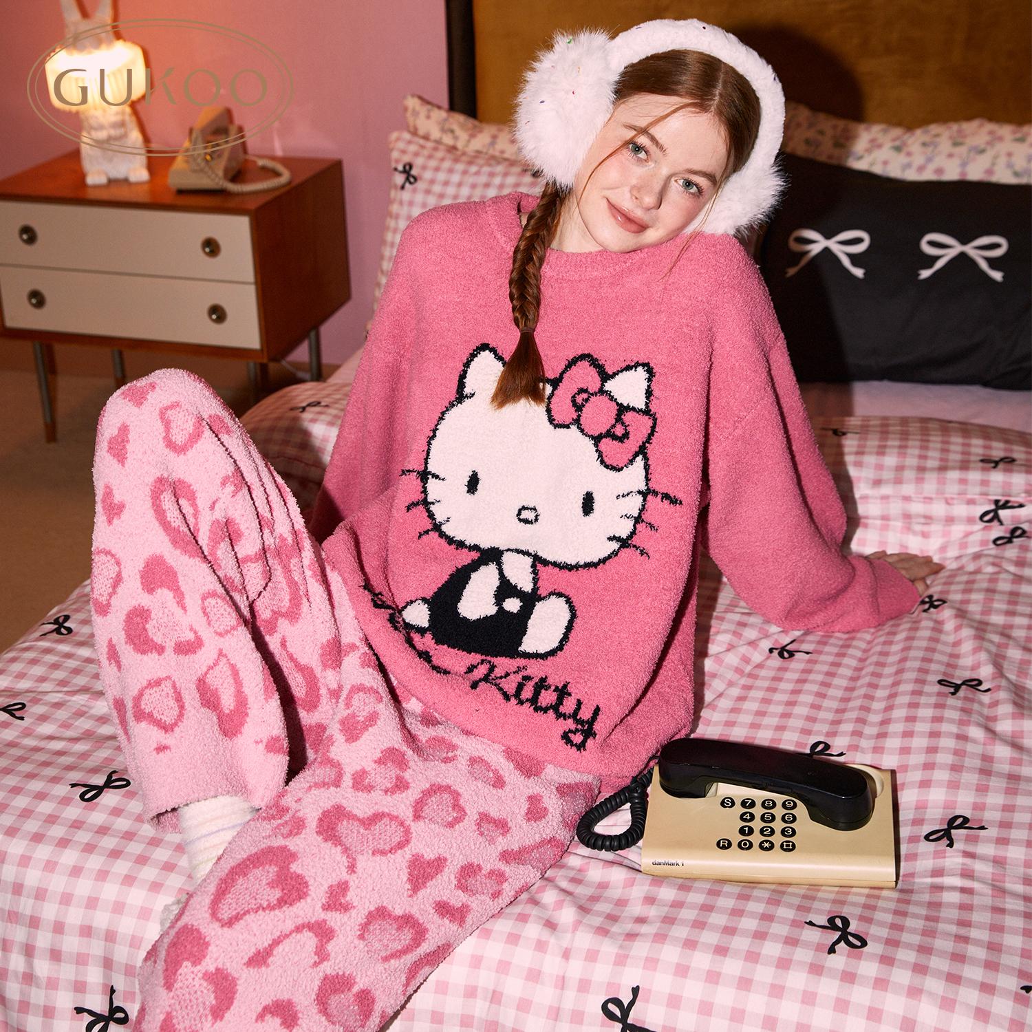 Gukoo/果壳HelloKitty联名舒适冬季睡衣雪尼尔女士家居服套装 - 图1