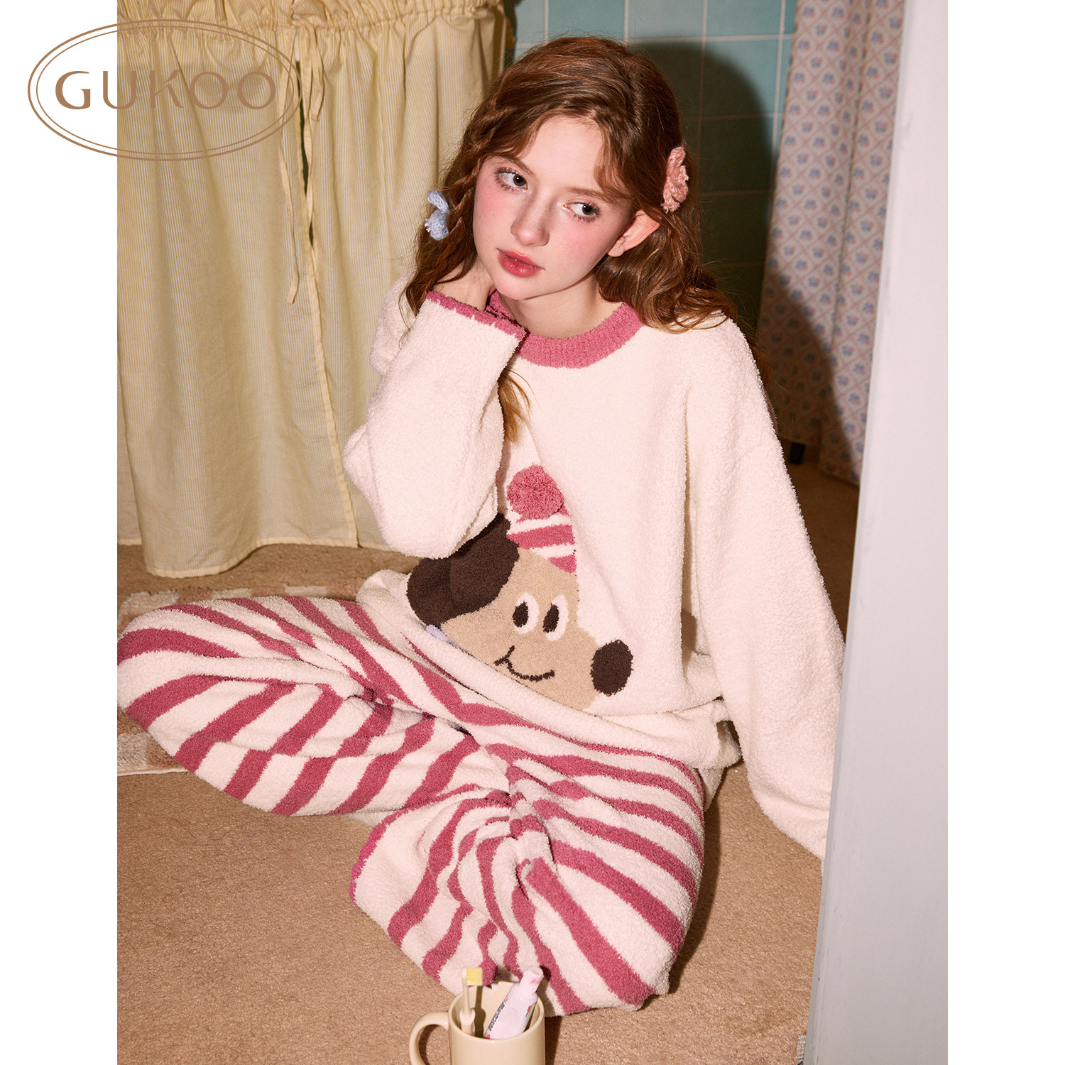 Gukoo/果壳可爱睡衣轰轰小狗半边绒冬季睡衣圆领舒适套装可外穿,淘宝优惠券,粉丝福利购,淘宝优惠卷
