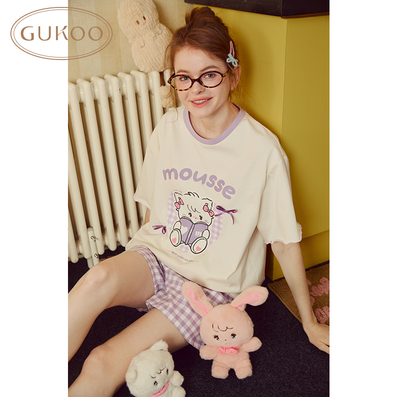 【清仓】果壳睡衣女夏季长袖睡衣套装女士睡衣可爱可外穿家居服 - 图1