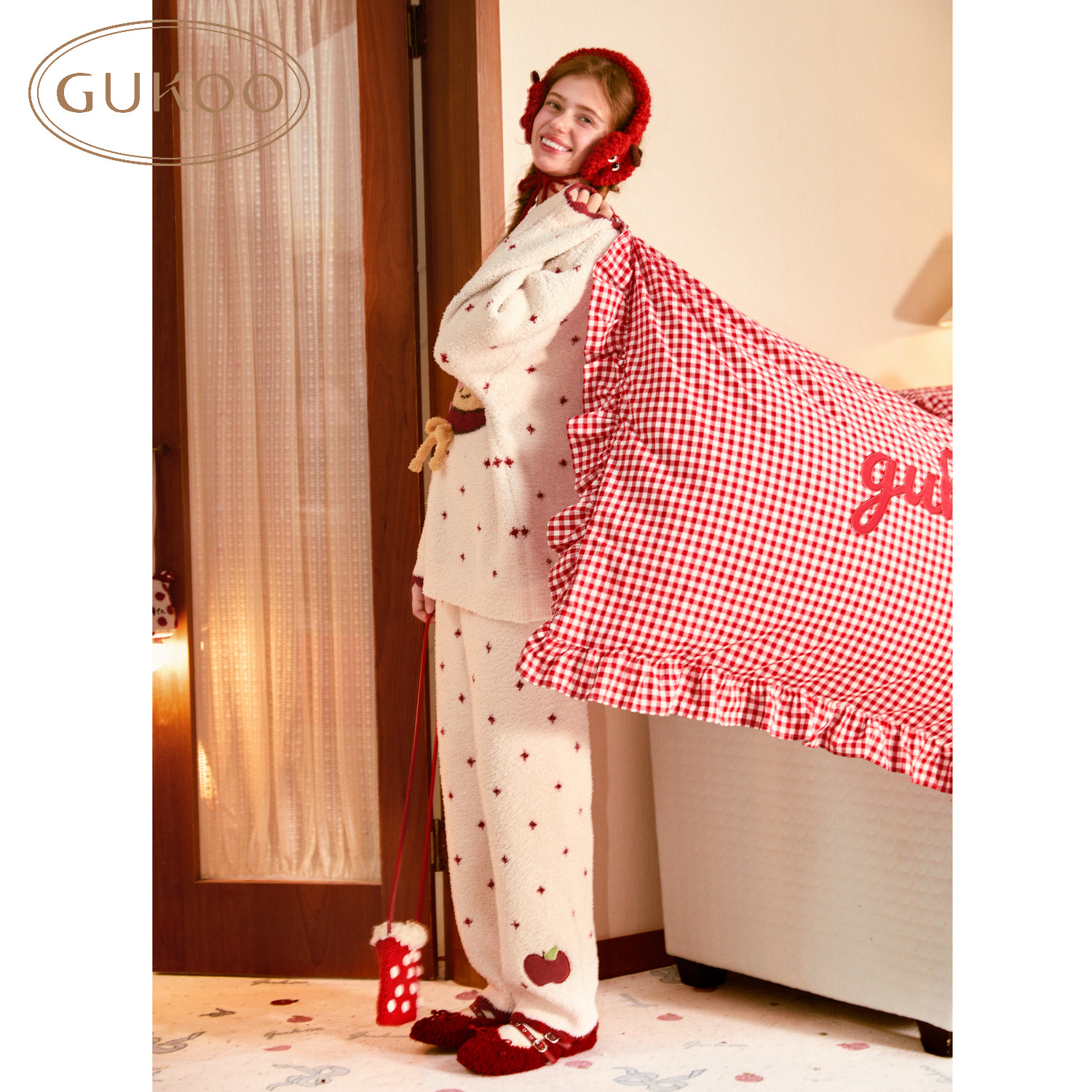 Gukoo/果壳可爱睡衣轰轰小狗半边绒冬季睡衣圆领舒适套装可外穿,淘宝优惠券,粉丝福利购,淘宝优惠卷