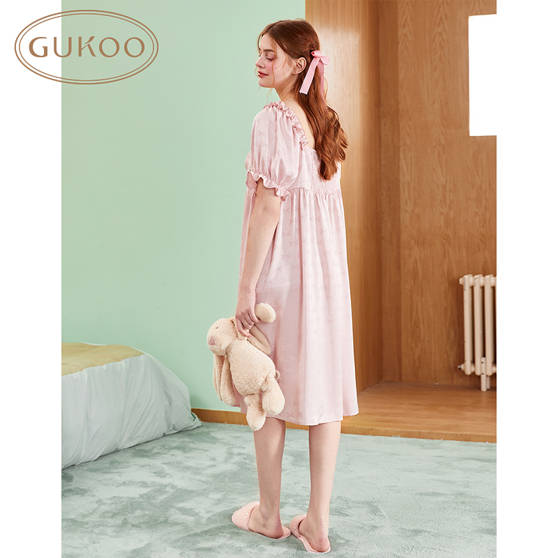 GUKOO/果壳夏季新款女士睡裙蝴蝶结甜美可爱少女家居服套装可外穿