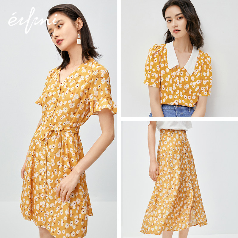 伊芙丽2020年新款夏季黄色炸街雪纺 伊芙丽旗舰连衣裙