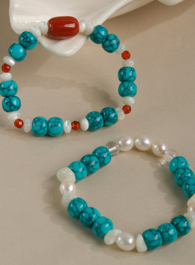 Moment原创 天然绿松石南红玛瑙珍珠手串手链手饰女轻奢小众精致